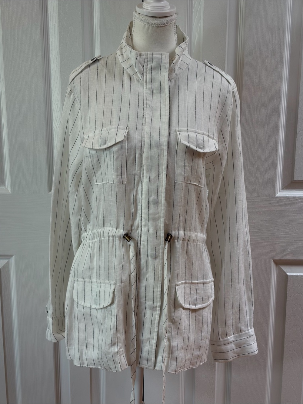 Sen White with Black Pinstripe Linen Utility Jacket with Drawstring Waist Size L